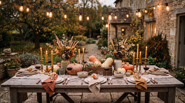 An outdoor rustic dinner party setup during autumn featuring a long wooden table adorned with pumpkins, flickering candles, and glowing overhead string lights outside an old stone cottage.