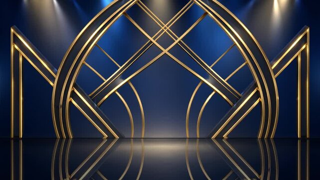 Dark blue stage with golden spotlight lines and glitter texture for award ceremony design. Realistic 3d abstract premium elegant glamour background template for anniversary or winner rewarding.