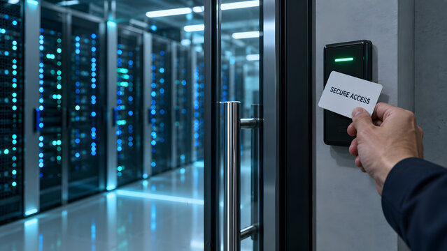Secure Data Center Access Control with Employee Scanning RFID Key Card at Electronic Door Reader Modern Server Room Cybersecurity Biometric Authentication Network Security and IT Infrastructure