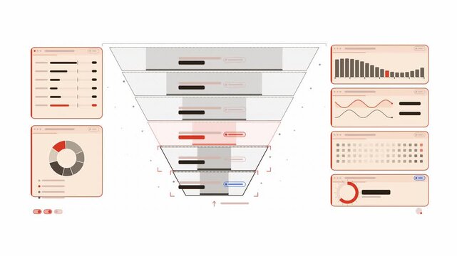 Clean animated sales funnel stages filtering in coral and magenta on a bright white background. Seamless looping 4K dashboard motion graphics with free space for text, ideal for business presentations