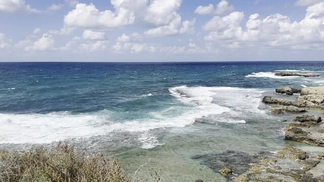 View of the Mediterranean Sea from a hill at Dor Habonim Beach Nature Reserve, Zichron Yaakov, Israel.