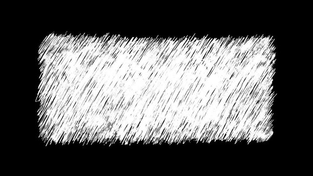 Animated seamless loop of white pencil scribble rectangular banner on black background. For video text backdrops, lower thirds, title overlays, promo reveals, social media, creative video transitions.