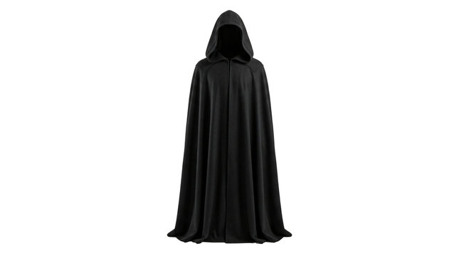 Black hooded cloak worn by a mysterious figure on transparent background