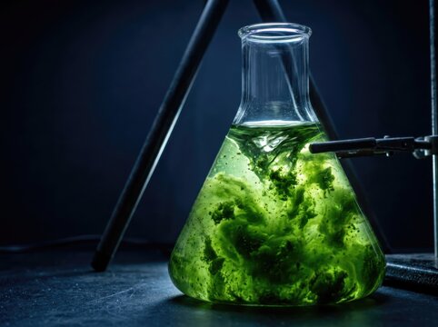 Conical Flask With Green Chemical Swirl in Dark Laboratory Scene