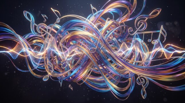 Abstract Explosion of Musical Notes and Vibrant Sound Waves on Dark Background