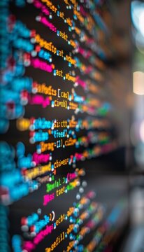 Abstract image of coding syntax with vibrant colors and bokeh effect.