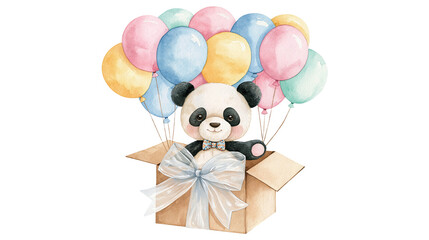 Cute panda bear sitting in a cardboard gift box with colorful helium balloons © Clementine