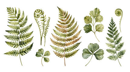 Watercolor green fern fronds and forest leaves collection © Clementine