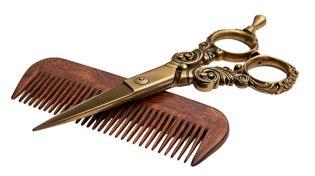 Vintage ornate brass hair scissors resting on a polished dark wooden hair comb