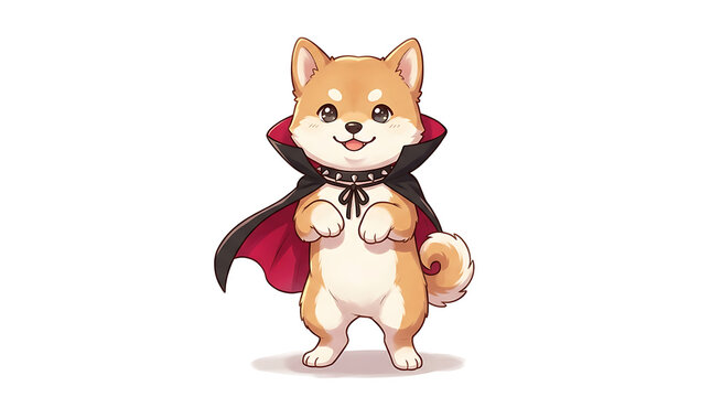 A cute Shiba Inu puppy wearing a festive vampire cape stands upright in a playful stance ready for Halloween celebrations while displaying a cheerful personality and charming spirit during the