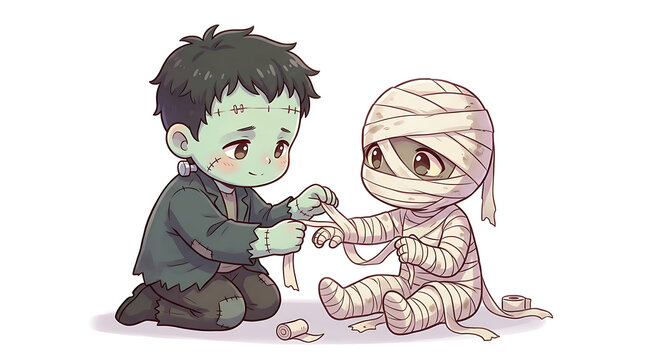 Friendly Green Monster Boy Carefully Bandaging A Small Mummy Character For A Fun Halloween Celebration Theme Showing Caring Friendship And Helpfulness Between Two Cute Supernatural Playful