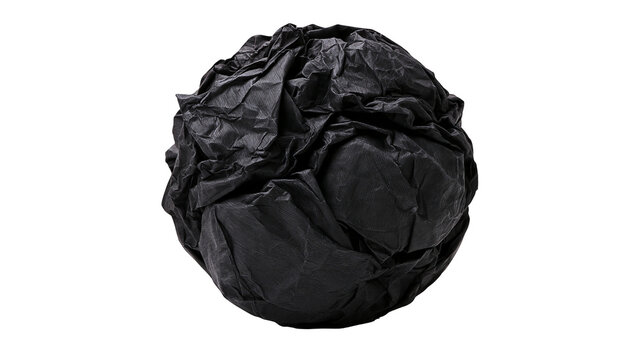 Crumpled black paper ball with deep creases and rough texture