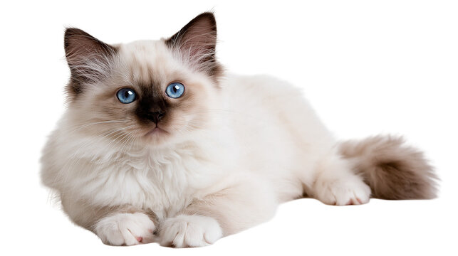 Fluffy Birman kitten with blue eyes and dark brown points lying down