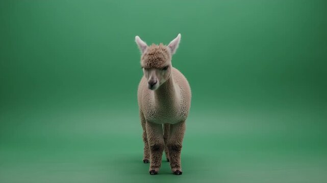 A young alpaca stands facing forward on a green screen background.