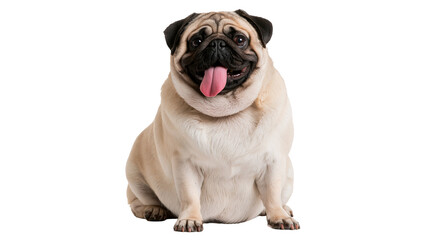 Fototapeta premium Happy fawn pug dog sitting with tongue out and wrinkled face