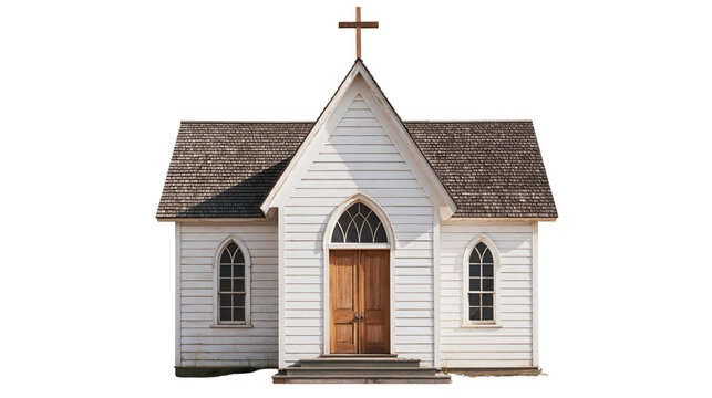Small white wooden country church with brown shingle roof and arched windows