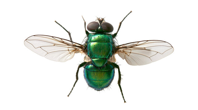 Metallic green bottle fly with iridescent wings and compound eyes