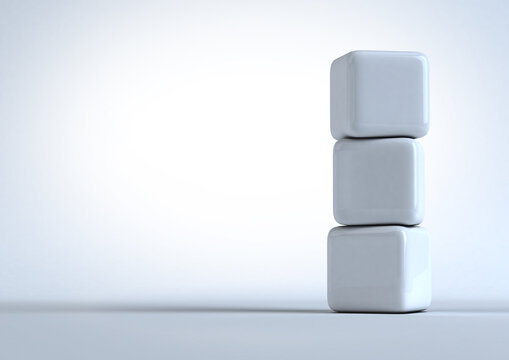 Minimal White Rounded Cubes Stacked in Balance on Clean Studio Background, 3D Rendering