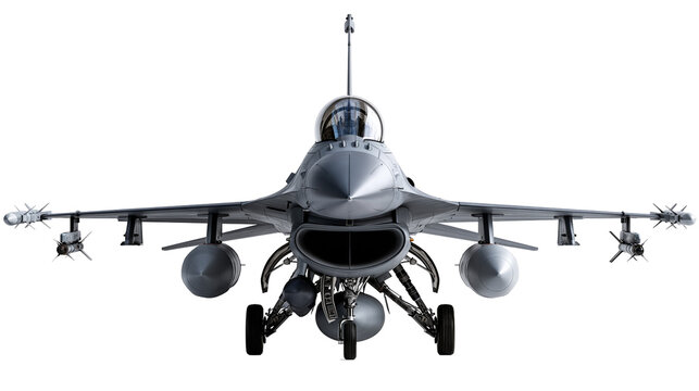 Grey F-16 Fighting Falcon military jet fighter with missiles and fuel tanks
