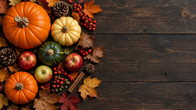 Halloween ,acci&oacute;n de gracias, sama&iacute;n. Estaci&oacute;n oto&ntilde;al, octubre, noviembre. Centro de mesa oto&ntilde;al compuesto por calabazas de colores, follaje seco, pi&ntilde;as y manzanas sobre tabla de madera oscura.