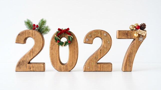 Wooden numbers forming the year two thousand twenty-seven for a holiday greeting and celebration, isolated on a white background.