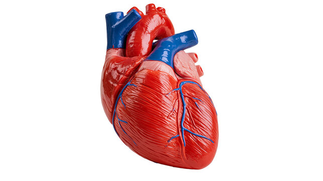 Anatomical human heart model with red muscular tissue and blue blood vessels