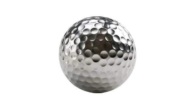 Shiny metallic silver golf ball with dimpled surface texture