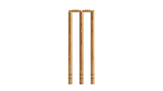 Polished wooden cricket stumps and bails standing on transparent background