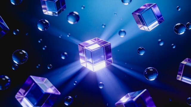 Glowing Purple Cubes and Transparent Bubbles Floating in Space