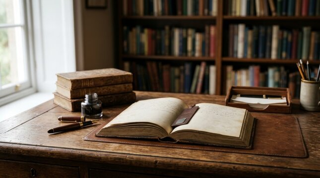 Open vintage book on wooden desk in library with bookshelf