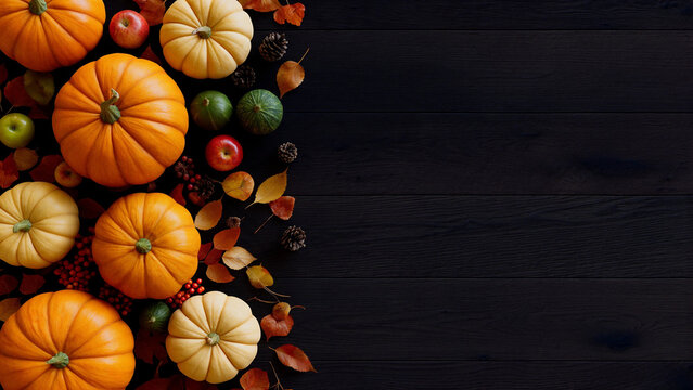 Hermoso bodeg&oacute;n oto&ntilde;al con variedad de calabazas, manzanas verdes y rojas, bayas y follaje seco sobre tabla de madera negra. Temporada de oto&ntilde;o. Estaci&oacute;n oto&ntilde;al octubre noviembres. Halloween, Sama&iacute;n