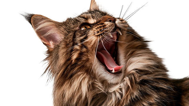Maine Coon cat with long brown fur yawning with mouth wide open showing teeth