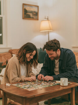 Cozy Young Couple Assembling Jigsaw Puzzle Together at Living Room Table