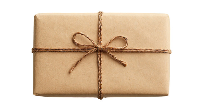 Rectangular gift box wrapped in brown craft paper tied with natural jute twine
