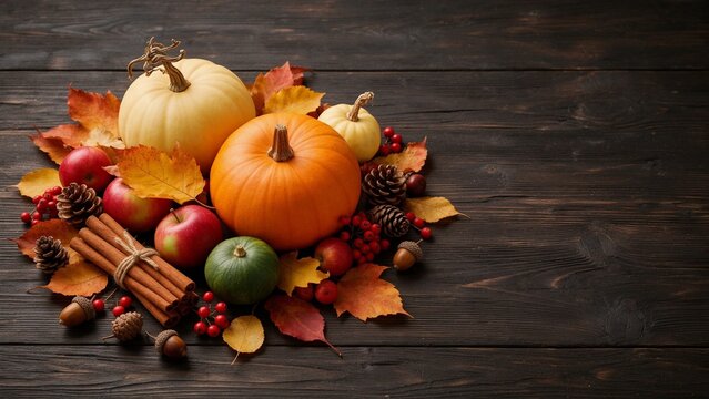 Temporada de oto&ntilde;o. Estaci&oacute;n oto&ntilde;al octubre noviembres. Halloween, Sama&iacute;n. Bodeg&oacute;n oto&ntilde;al con variedad de calabazas, manzanas verdes y rojas, bayas y follaje seco sobre tabla de madera oscura. Acci&oacute;n