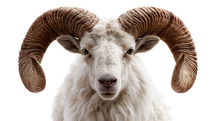 Close up portrait of a majestic ram with large curved brown horns and white wool © Clementine