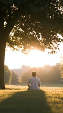 A young man sits peacefully under a large tree, enjoying the serene sunset