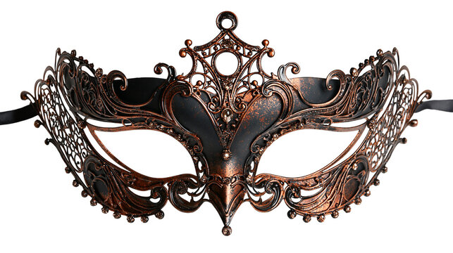 Ornate bronze and black filigree masquerade mask with intricate metal scrollwork