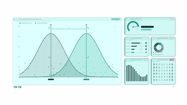Clean animated ab test results distributions in cyan and teal on a bright white background. Seamless looping 4K dashboard motion graphics with free space for text, ideal for business presentations, pr