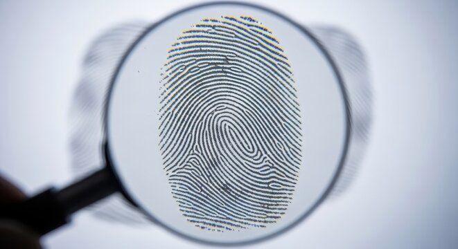 Magnifying lens focused on biometric fingerprint patterns