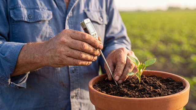 Soil testing and smart agriculture farming concept. Farmer using digital meter probe in pot with seedling near green crop field for soil moisture, pH, temperature and fertility analysis