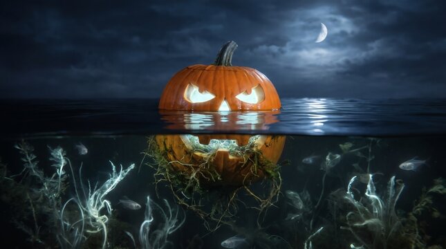 Spooky Glowing Jack-o'-Lantern Floating in Dark Water at Night with Crescent Moon