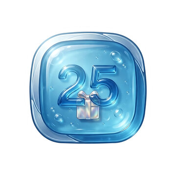 Glossy blue glass square icon sticker with number 25 and gift box for Christmas advent