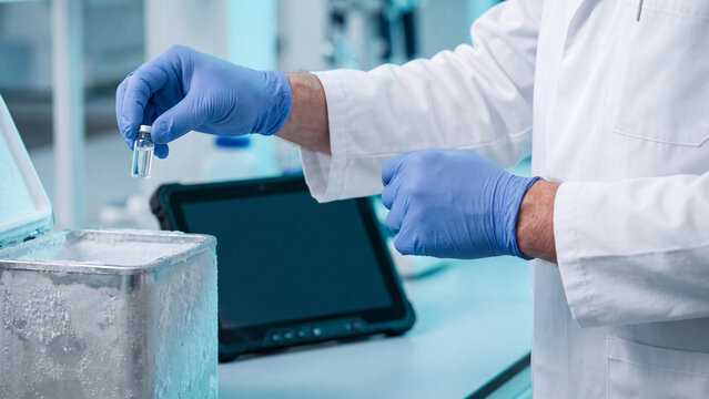 Vaccine storage and laboratory sample freezer concept. Scientist in gloves and lab coat holding vial above icy cryogenic container with tablet for biobank research and medical supply chain