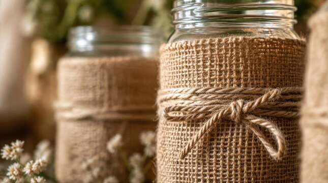 Glass jars wrapped in rustic burlap fabric and tied with twine for handmade craft and interior decoration projects