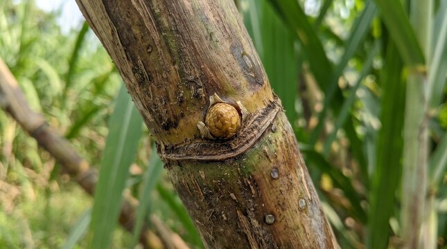 Close up of a sugarcane stalk showing a node and sprouting bud outdoors