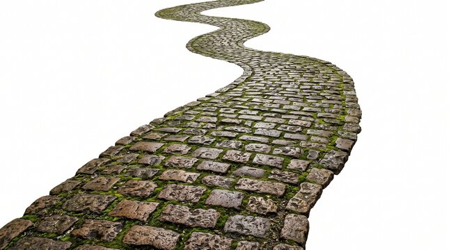 A winding path made of old cobblestone with moss growing between stones is on an isolated transparent background.