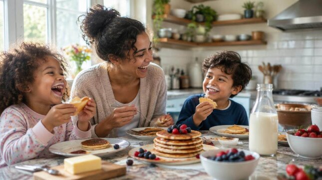 Mother and two children laughing while eating pancakes for breakfast in a bright kitchen