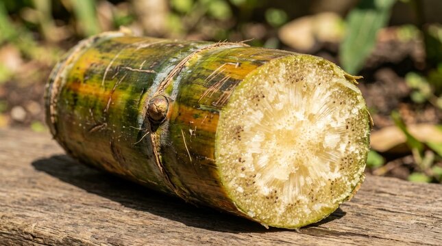 Fresh sugarcane stalk piece cut horizontally on rustic wooden surface