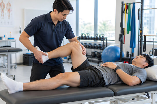 Male physical therapist performing manual knee flexion on a patient lying on a treatment table in a bright rehabilitation clinic